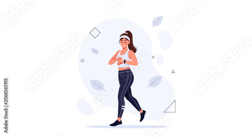 Fit Woman Jogging with Smartwatch, Vector Illustration of Healthy Lifestyle and Fitness