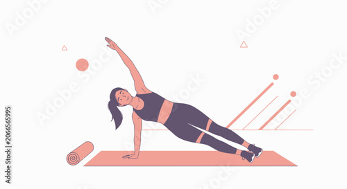 Fit Woman Performing Side Plank Exercise on Yoga Mat, Dynamic Abstract Background - Vector Illustration