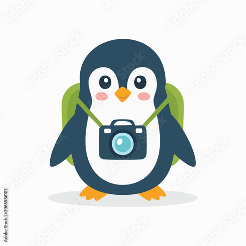 Cute cartoon penguin with a camera and backpack