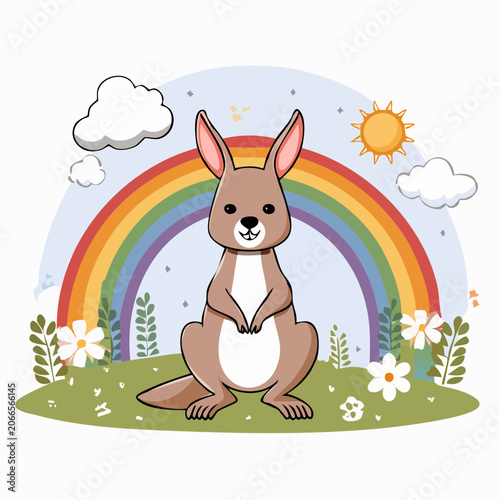 Cute Kangaroo with Rainbow and Sun