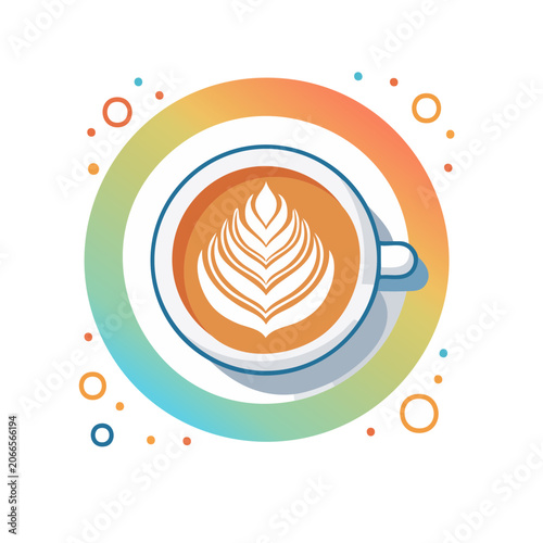 Flat design coffee cup with latte art and colorful circles