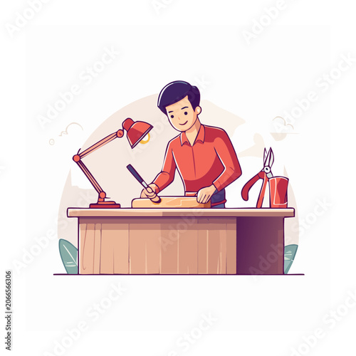 Man carving wood at a desk with tools and lamp