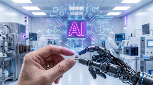 Human hand microchip artificial intelligence robot hand laboratory circuit technology automation innovation digital human hand passing microchip to robot hand laboratory with artificial