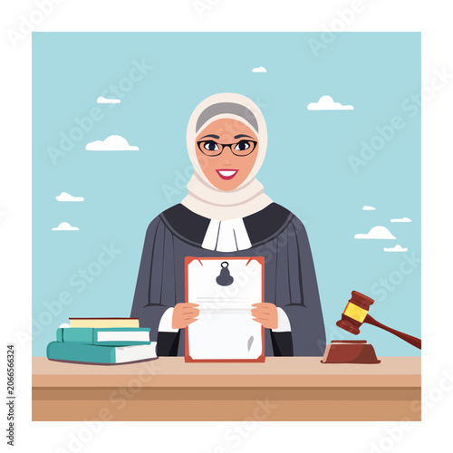 Muslim woman judge holding document with gavel and books