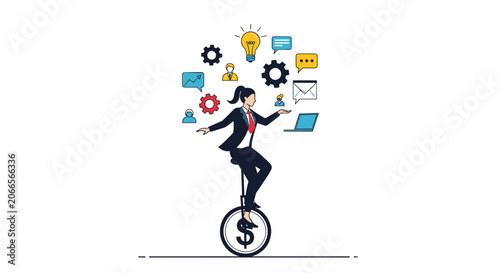 Talented businesswoman riding a unicycle with a dollar wheel while juggling various business icons to show multitasking skills.
