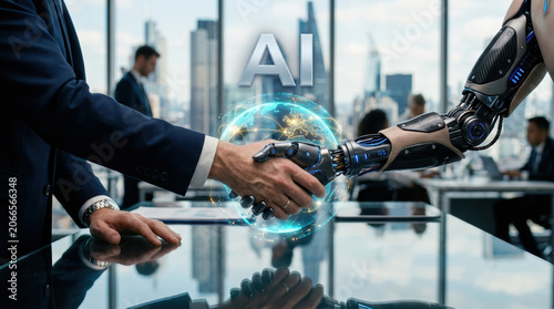 Business handshake robot hand artificial intelligence technology partnership cybernetic office future corporate human hand shaking cybernetic hand in modern workplace with city view