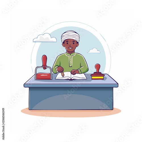 Person working at a desk with stamps and a book