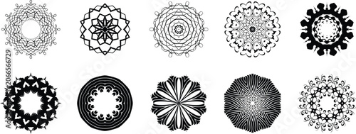 Tableau sur toile A sophisticated set of ten circular black mandala vector elements showcasing detailed geometric star designs and ornate radial lace patterns