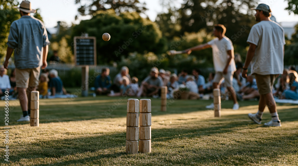 Obraz premium Kubb tournament competitors at a midsummer festival throwing kubbs with strategic arcing trajectories across a lawn, families picnicking at the borders of the pitch, a scoreboard