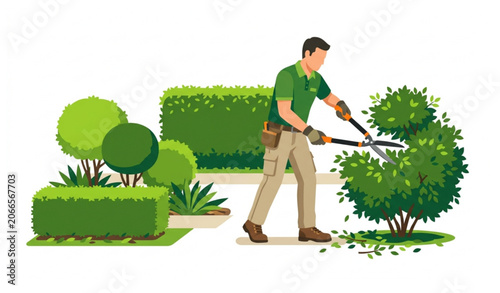 Fotografie Garden Pruning Service Vector with Landscaper Trimming Plants and Shrubs