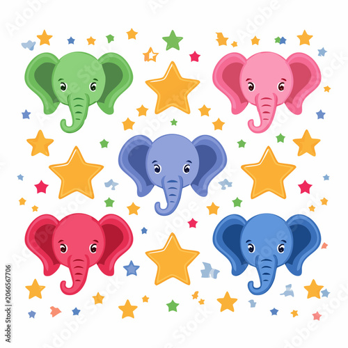 Cute Cartoon Elephants and Stars Illustration