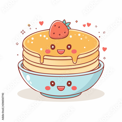 Cute Kawaii Pancakes with Strawberry and Syrup