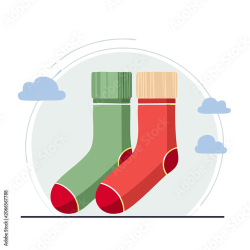 Flat design illustration of a pair of red and green socks with clouds
