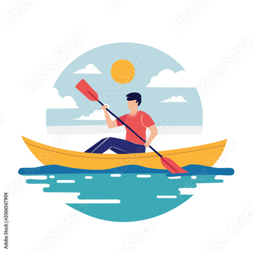Man paddling yellow kayak on blue water under sun and clouds