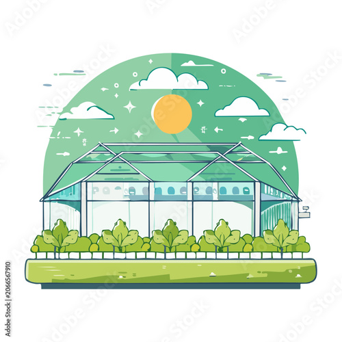 Modern greenhouse with plants, sun and clouds in flat design