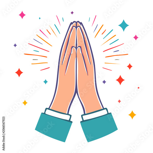Praying hands with colorful sparkles and rays
