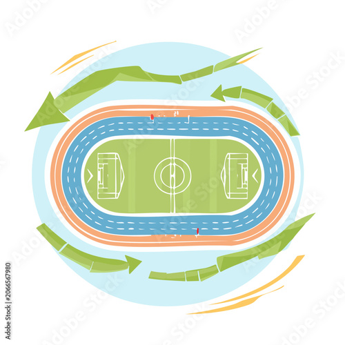 Stadium track and field with soccer pitch and circular arrows