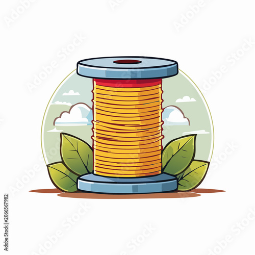 Spool of Yellow Thread with Green Leaves and Clouds