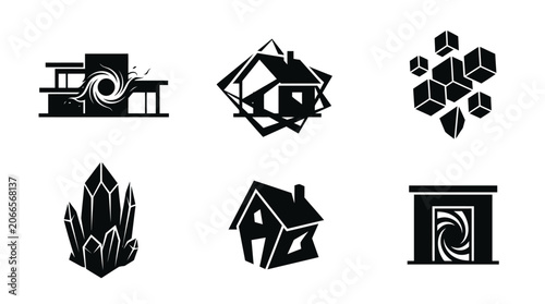 Abstract Geometric Icons: House, Crystals, Cubes, Portal