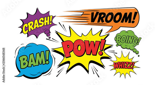 Colorful comic book speech bubbles featuring dynamic sound effects in a vibrant vector graphic art style