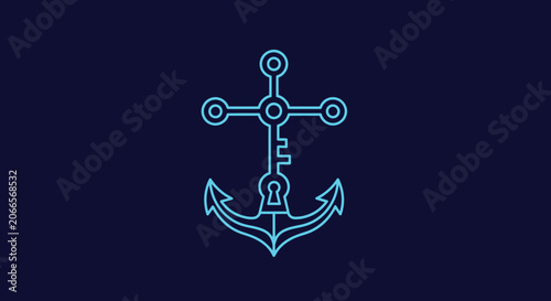 Photos Simple digital line drawing of an anchor with a circular chain loop on a dark ba