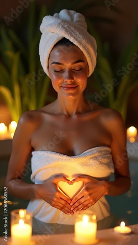 Relaxed woman in spa holding a heart shaped candle.