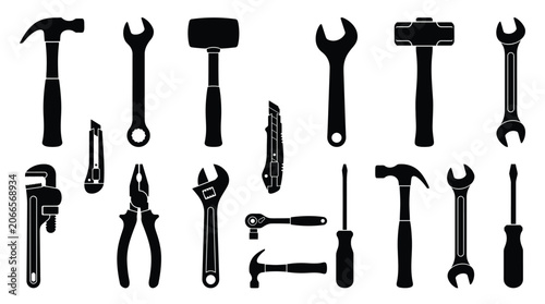 Obraz na płótnie Collection Of Black Silhouette Tools Against A White Background