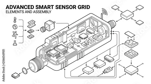 Smart sensor grid elements and assembly technical diagram.