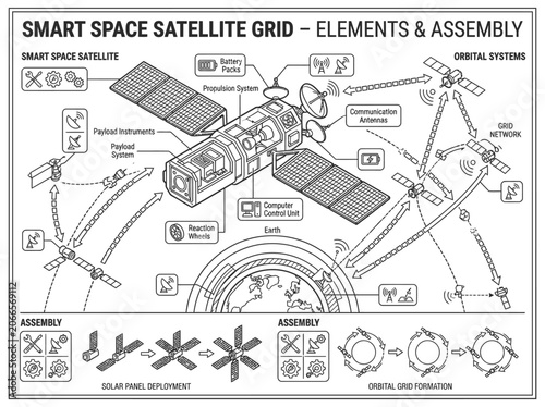 Smart space satellite grid elements and orbital system diagram.