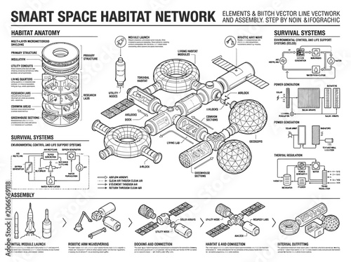 Smart space habitat network elements and orbital station blueprint.