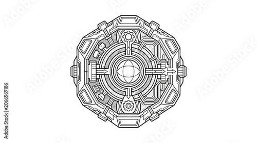 Symmetrical mechanical hatch or core assembly line art.