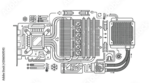 Technical schematic of computer cooling system and hardware components.