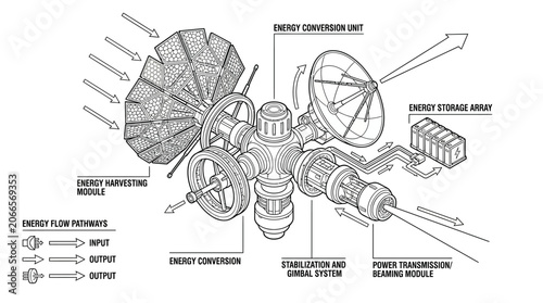 Technical sketch of futuristic space energy harvesting station.