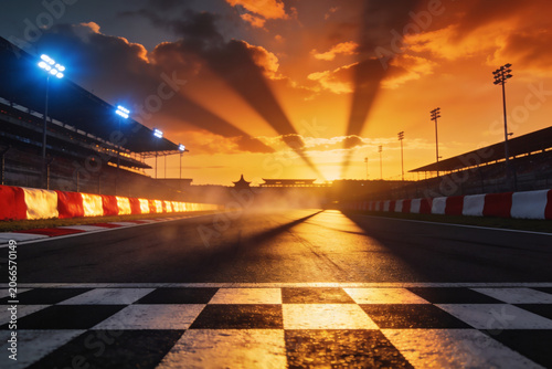 Checkered pattern at finish line of a racetrack during dramatic sunset