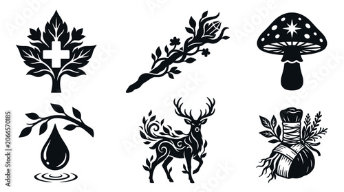Tablou pe pânză Nature Symbols: Healing, Magic, Forest, Medicine, Wellness Icons