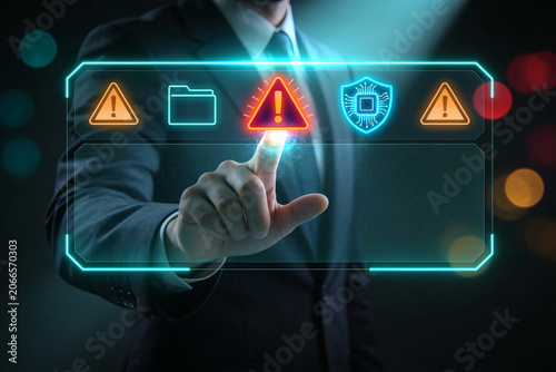 Businessman touching warning icon on virtual cybersecurity interface
