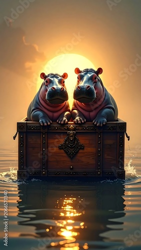Two Curious Hippos Resting on Wooden Chest in Calm Sunset Water