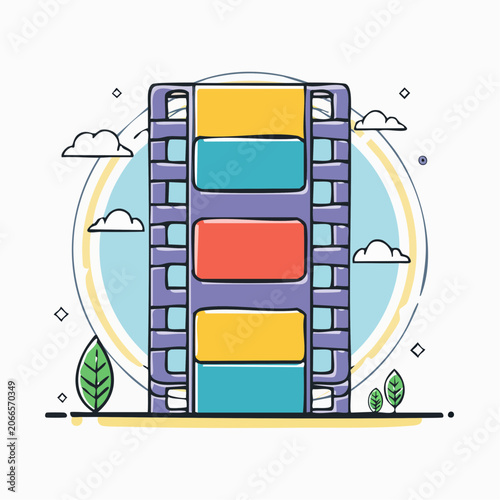 Film Reel Illustration with Colorful Frames and Clouds