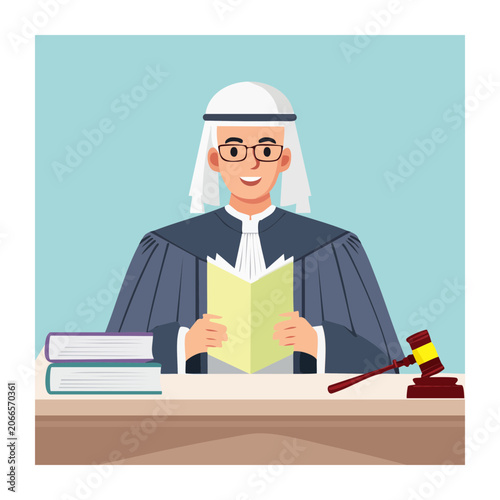Judge reading a book with gavel and law books