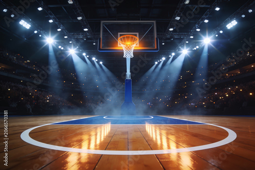 Basketball hoop and court illuminated by dramatic spotlights in empty arena