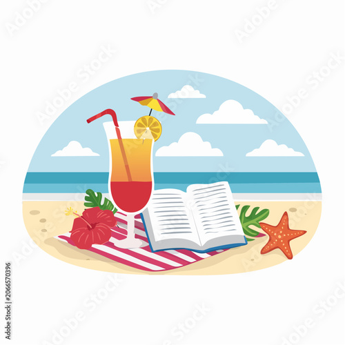 Relaxing Beach Scene with Tropical Drink, Book, and Hibiscus Flower