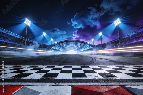 Empty motorsport racetrack with checkered pattern under golden sunset sky
