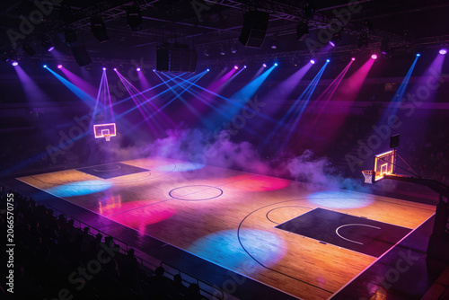 Elevated side angle view of an empty professional indoor basketball court