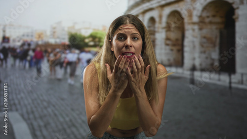 Εκτύπωση καμβά Woman with hands near mouth pleading gesture on cobblestone street by ancient building; concern plea