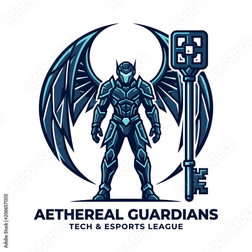 Slika na platnu Blue winged armored knight mascot with giant key.