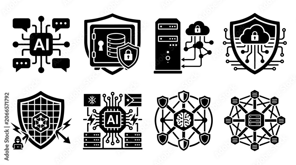 Obraz premium AI Cybersecurity Icons: Data Protection, Network Security, Cloud