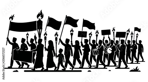 Bild auf Leinwand Silhouette of people in night torchlight procession march.