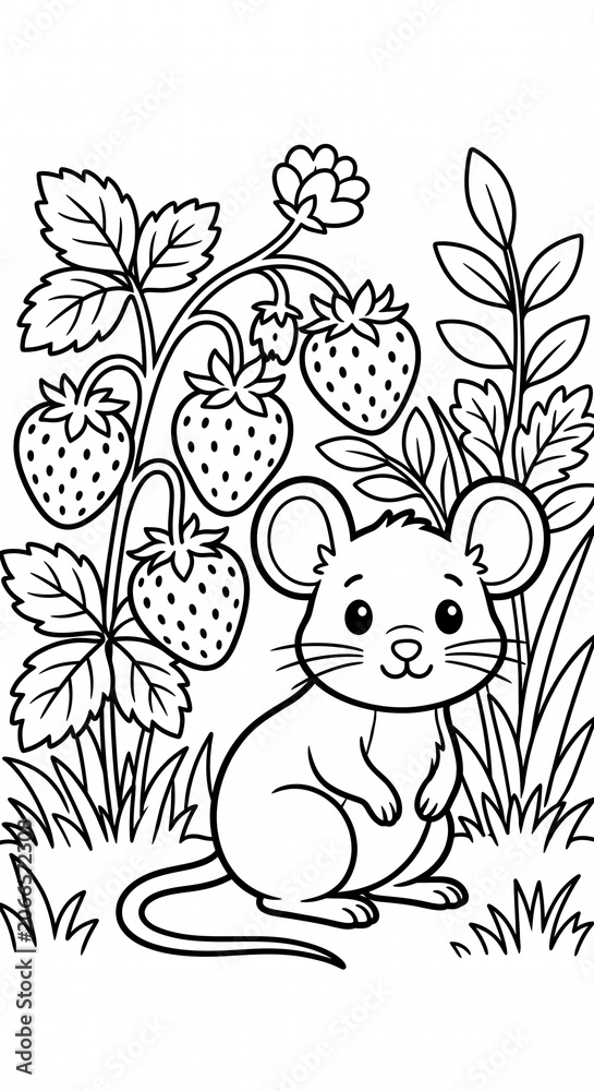 Fototapeta premium Mouse coloring page beneath strawberry plants with ripe berries and garden flowers, a detailed mouse and strawberry garden scene in black and white line art