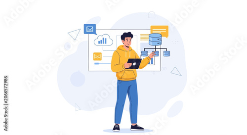 Man Analyzing Cloud Data and Network System with Tablet, Technology and Analytics Concept