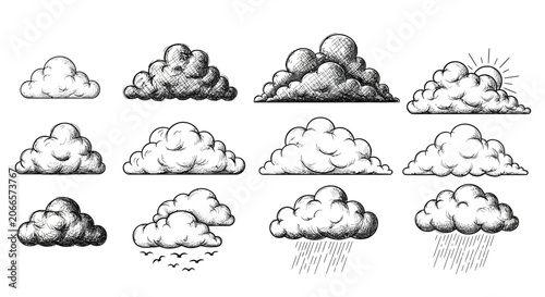 Tableau sur toile Collection of hand drawn fluffy clouds including cumulus stratus rain clouds and sunburst weather symbols isolated on white background vintage sketch style
